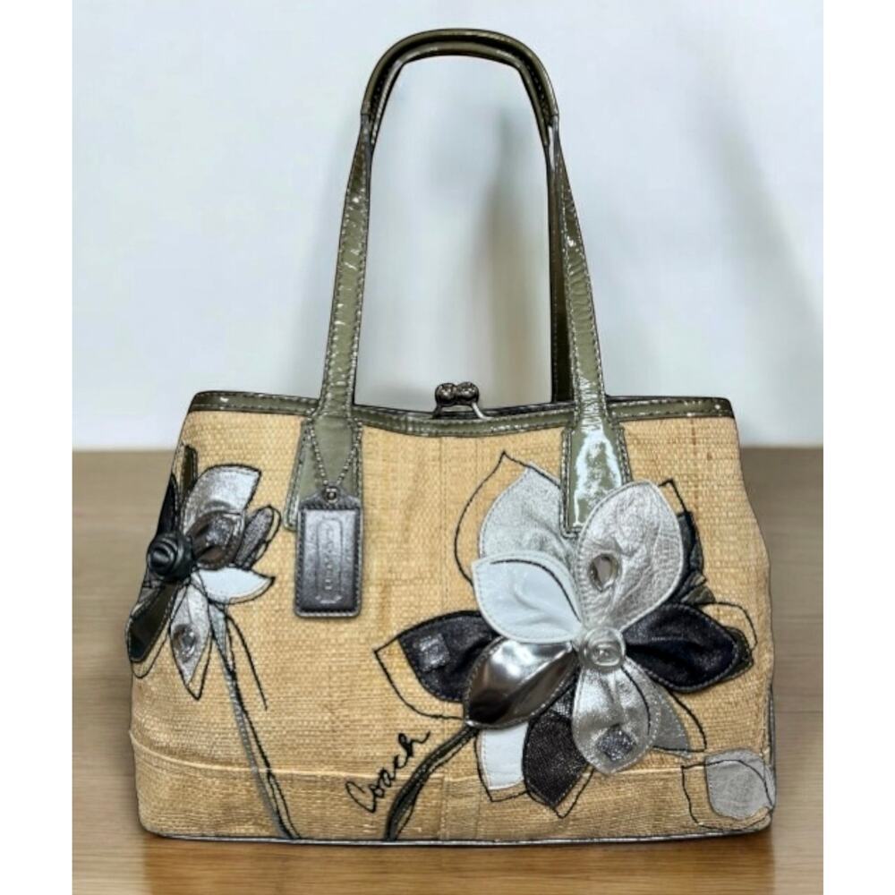 Y2K Coach 13531 Hamptons Archive 10th Anniversary Straw Floral Bag & Wristlet - Picture 2 of 14